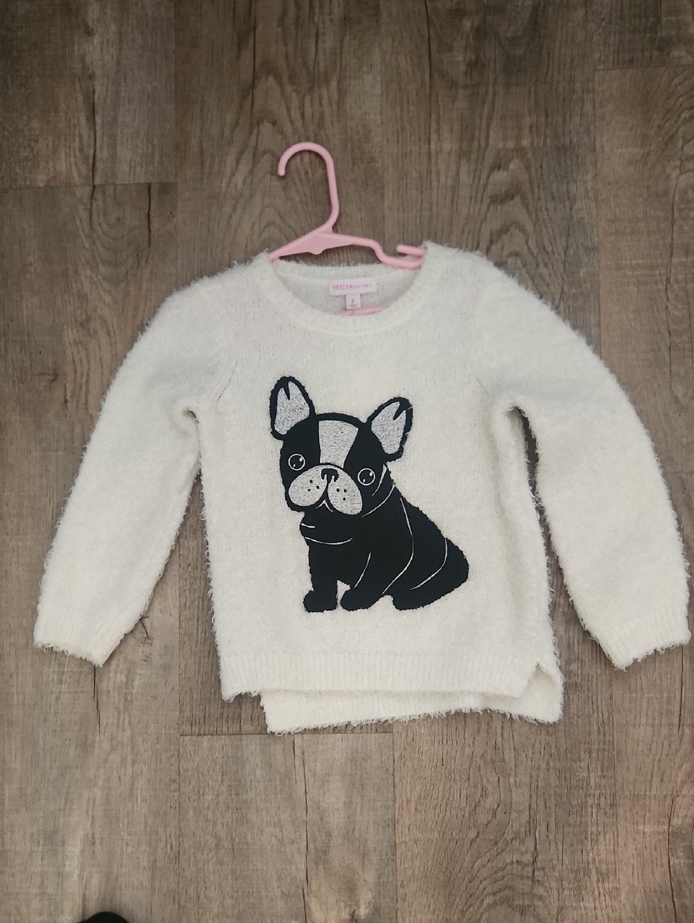 Design History Cream Fuzzy Knit Sweater with Pink Label